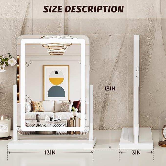 Vanity Mirror with Lights, 18"x14" Hollywood Lighted Makeup Mirror for Tabletop & Bedroom 3 Color Lighting Modes Smart Touch Control 360° Rotation Detachable