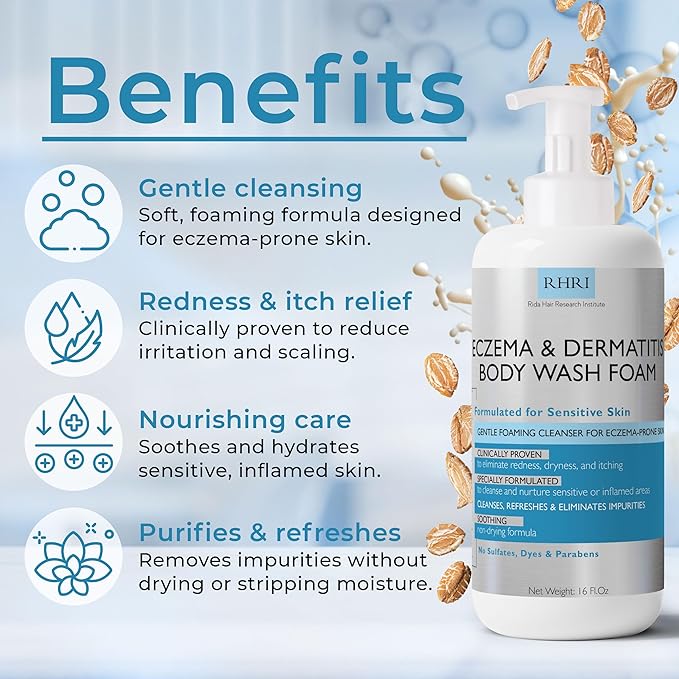 Eczema Body Wash Sensitive Skin | Eczema Treatment | Foaming Cleanser For Eczema Prone Skin | Soothes Dryness & Itching, Gentle On Dermatitis, Sulfate-Free With Free Scrubber Brush