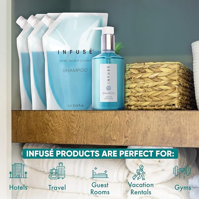 INFUSÉ 1 Liter Shampoo Refill Bag For Soap Dispensers | Bulk Toiletries for Vacation Rentals, and Home Bathroom Showers | White Tea and Coconut | Set of 3