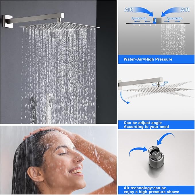 POPFLY Recessed 2-Function Shower System with 10" Square Rainfall Shower Head & High Pressure Handheld Spray – Wall Mounted Shower Faucet Set, Brushed Nickel Trim Kit with Rough-in Brass Valve