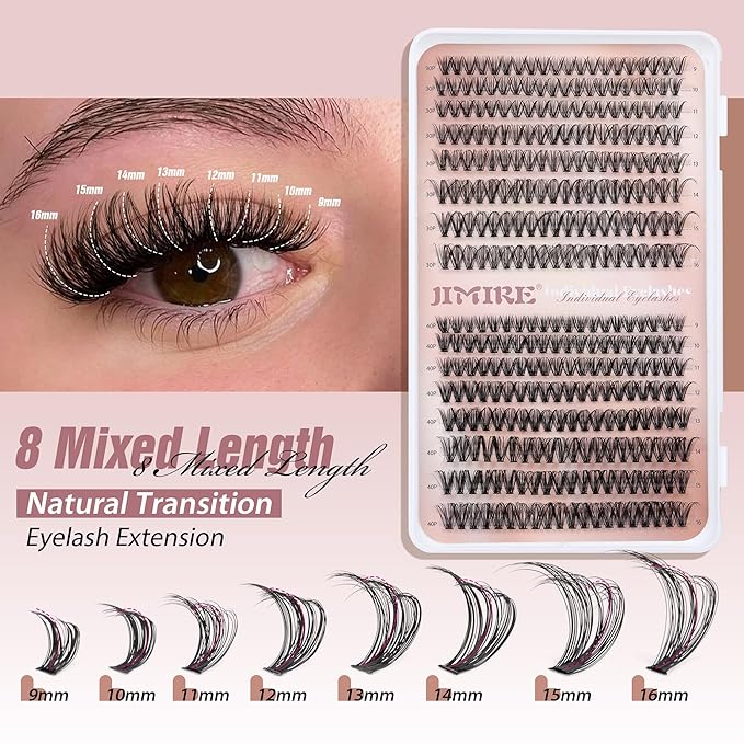 JIMIRE Natural Lash Clusters 320Pcs Cluster Eyelash Extensions Wispy 30D+40D Eyelash Clusters D-Curly 9-16MM Mixed DIY Cluster Lashes Fluff Lashes Clusters Extension for Beginners