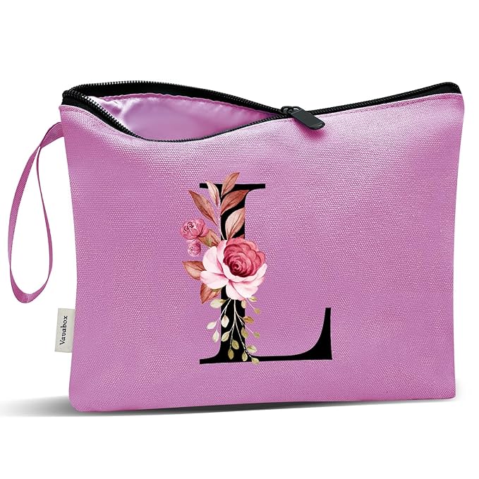 Vavabox A-Z Personalized Makeup Bag, Birthday Gifts for Women Mom, Gifts for Best Friend, Bride Bridesmaid Cosmetic bag (L, Purple)