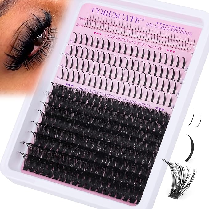 CORUSCATE 100D Lash Clusters with Bottom Lashes Spikes Eyelash Clusters Multi-type Individual Lashes Thick DIY Lash Extension Kit Fairy Cluster Eyelash Extensions 5-20mm Wispy Cluster Lashes Spike