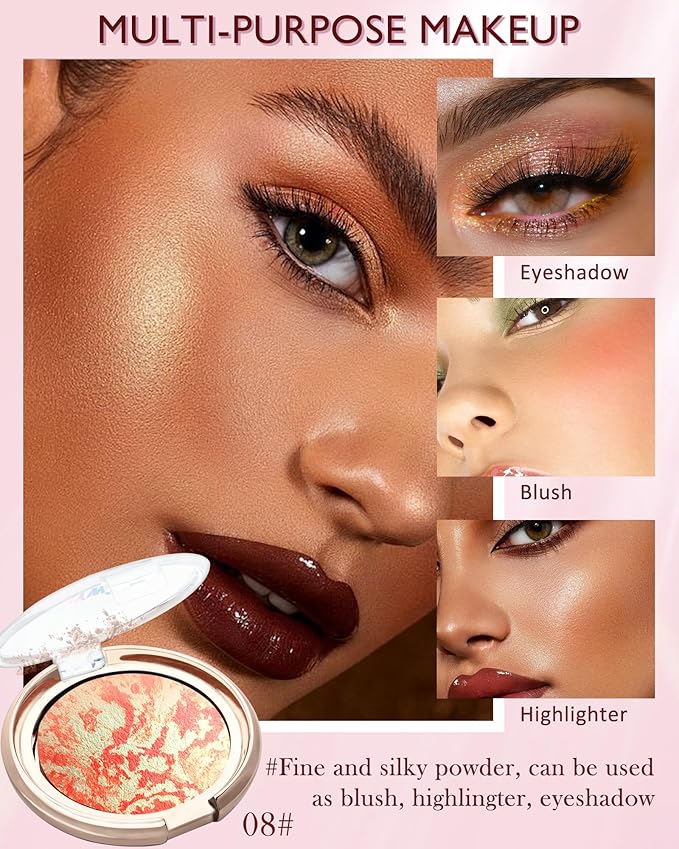 Baked Blush,Glow Marbleized Blusher Powder Palette,Lightweight Shimmery Blusher for Cheeks,Eyeshadow & Highlight,Makeup Gift for Women rubores de maquillaje(0.49Ounce)-08 Gold Pink