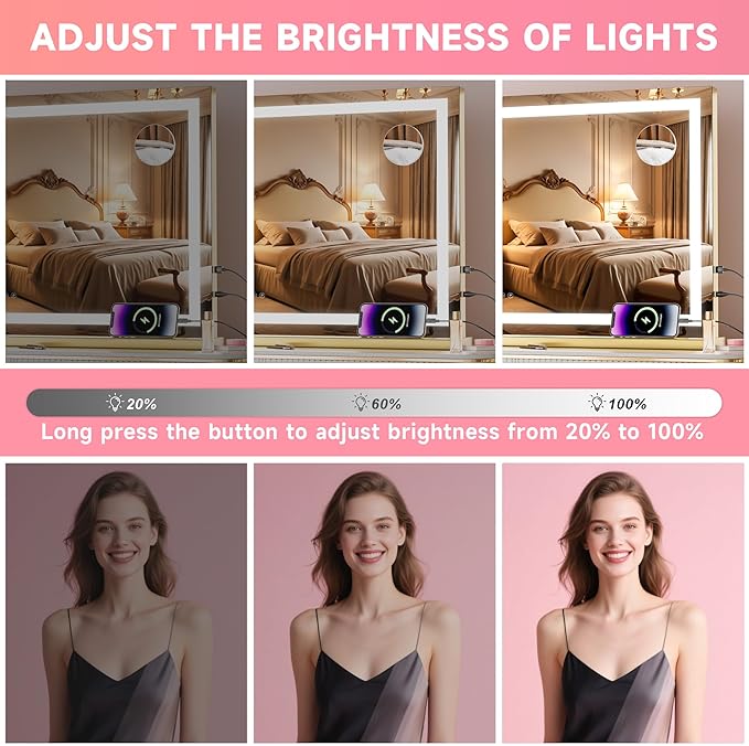 Vanity Mirror with Lights, 23" x 18" LED Makeup Mirror with 10X Magnification, Dimmable 3 Modes, Memory Function, Smart Touch, USB Charging Port, Lighted Makeup Mirror Square Glod