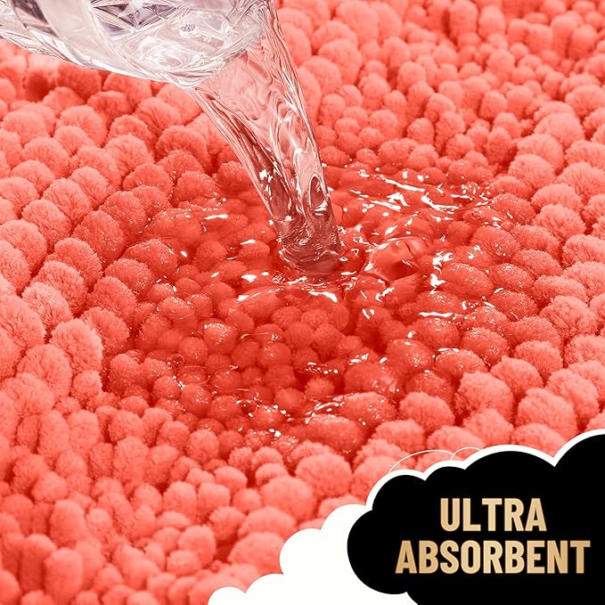 OLANLY Thick Bathroom Rugs 24x16, Extra Soft Absorbent Chenille Striped Bath Rugs, Rubber Backing, Machine Wash Dry, Bath Mats for Bathroom Floor, Tub and Shower, Home Decor Accessories, Coral