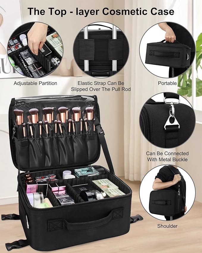 Relavel Rolling Makeup Case Professional Makeup Train Case, Makeup Artist Travel Bag with Wheels, 3-in-1 Portable Travel Beauty Trolley Case for Cosmetology Storage (Black)