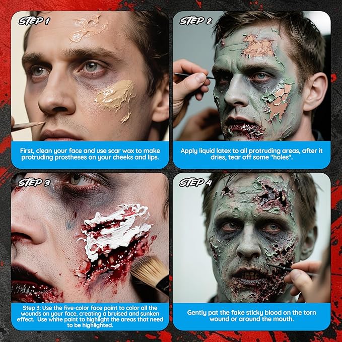 Halloween Zombie SFX Makeup Kit, Complete Zombie Makeup Set Include 5 Colors Face Paint, Scar Wax, Setting Powder, Fake Blood & Liquid Latex for Cosplay Stage Realistic Special Effects Makeup