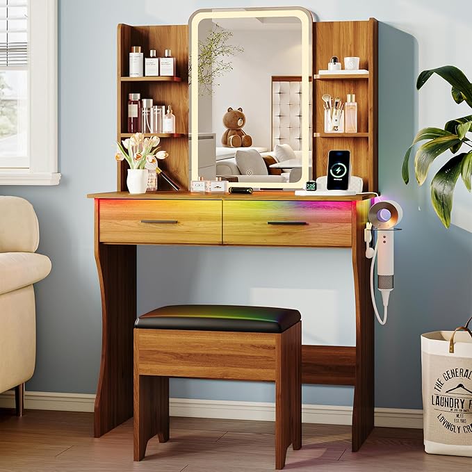 Vanity Desk with LED Lights Mirror & Power Outlet, Small Makeup Vanity Table Set with Storage Drawers & Chair, 3 Lighting Modes & Adjustable Brightness, Dressing Table for Women Girls Bedroom, Walnut