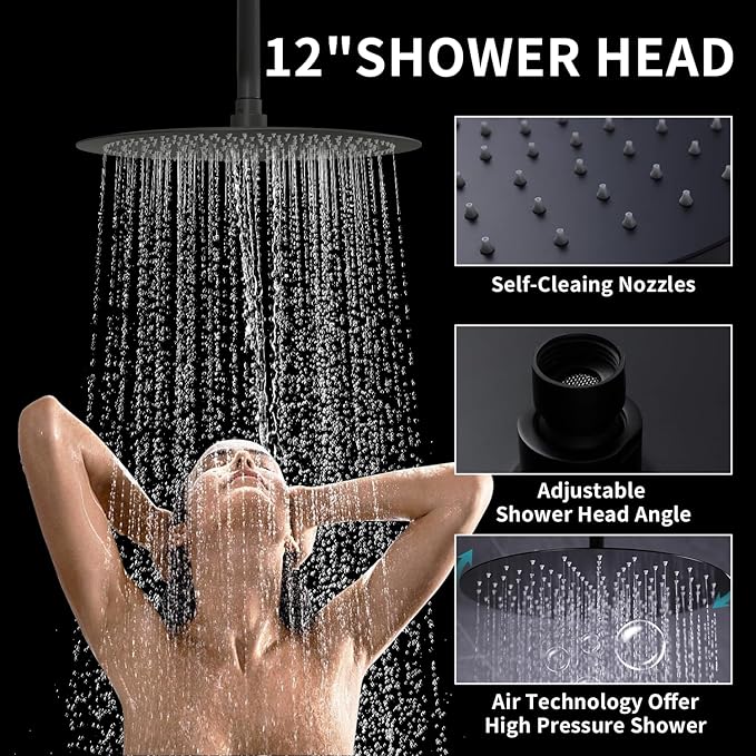 HONGTONGSOWER Shower Faucet Set Matte Black Shower System Temperature Display Diverter Shower Valve and 2 in 1 Handheld with Slide Bar, 12 Inch Ceiling Shower Head with 8 Inch Wall Mount Shower Head