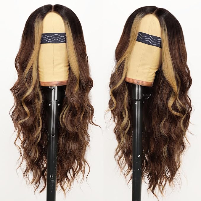 AISI HAIR Brown Highlight Wig for Women, Long Wavy Lace Hairline Middle Part Synthetic Heat Resistant Wig for Daily Party-26 Inch