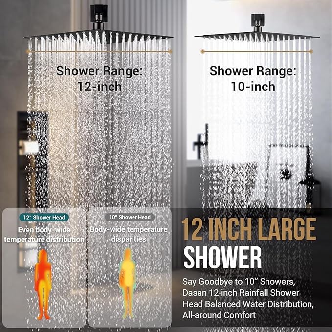 DASAN Full Body Shower System with 6 PCS Body Spray Jets & 12'' Rain Overhead Shower & Handheld, In-Wall Rain Shower System Matte Black Shower Faucets Sets Complete with Valve, SA-SS03AMB-S12W