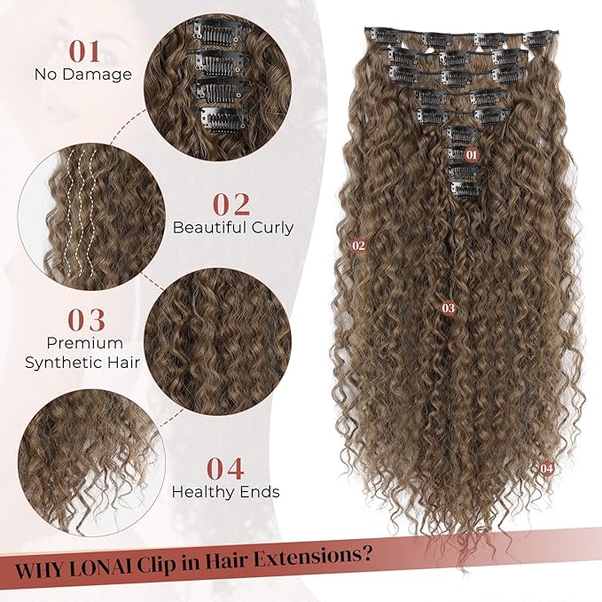 LONAI Hair Extension,9PCS 22" Curly Clip in Hair Extensions LN002 Long Soft Thick Synthetic Hairpieces for Women-Dark Ash Brown