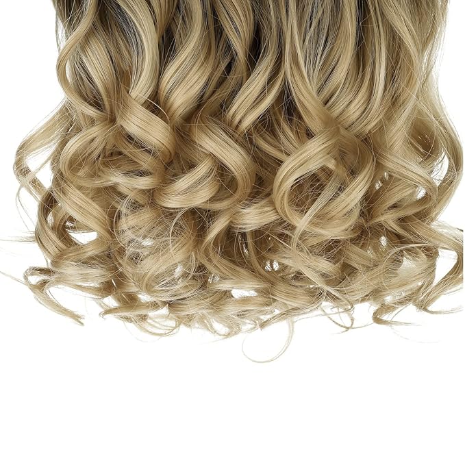 REECHO 20" 1-pack 3/4 Ombre Full Head Curly Wave Clips in on Synthetic Hair Extensions HE008 Hair pieces for Women 5 Clips 4.5 Oz Per Piece - Ombre Light Brown to Dirty Blonde