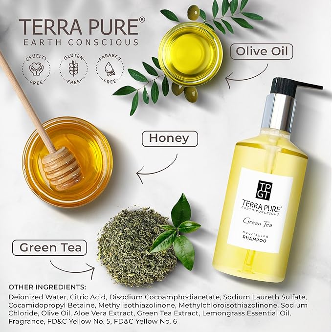 Terra Pure Green Tea Shampoo 10.14oz Pump | Clean Honey and Aloe Vera Formula for Hotels, Resorts and Vacation Rentals | Premium Moisturizing Bath Wash for Guest Amenities and Hospitality Toiletries