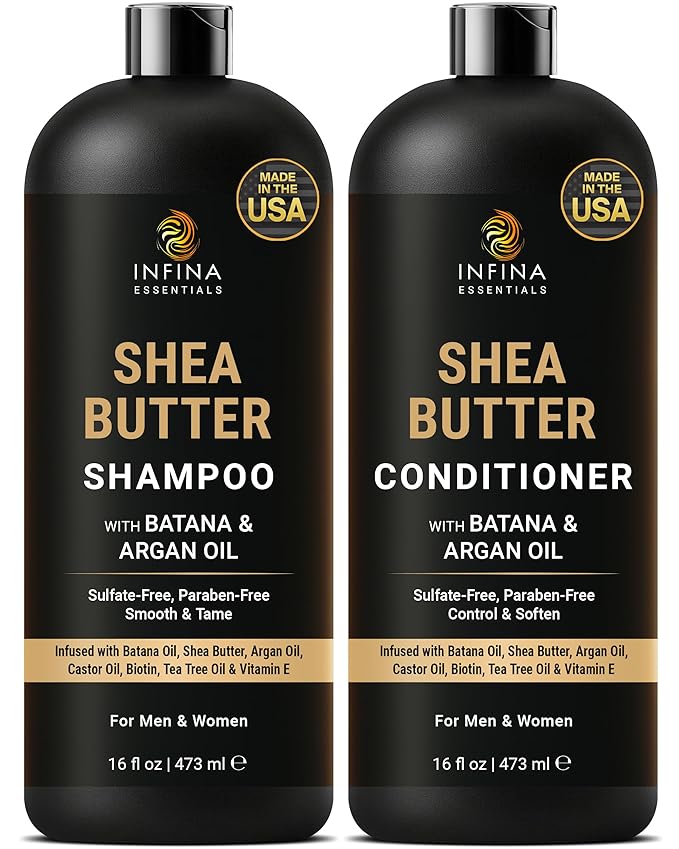 INFINA ESSENTIALS Shea Butter Shampoo & Conditioner Set | 16 fl oz Each | with Batana Oil & Argan Oil | Moisturizing, Strengthening & Frizz Control Formula | Supports Hair Growth & Adds Thickness