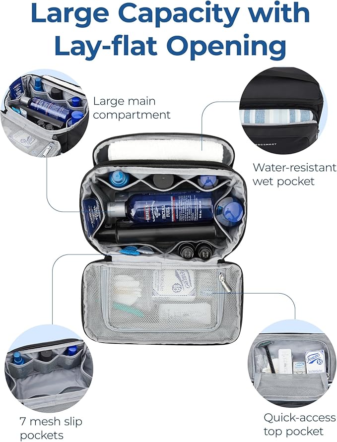 BAGSMART Toiletry Bag for Men, Wide Opening Travel Bag for Toiletries, Dopp Kit Water Resistant Shaving Hygiene Bag for Bathroom Shower, Toiletries Accessories,Travel Essentials-Black