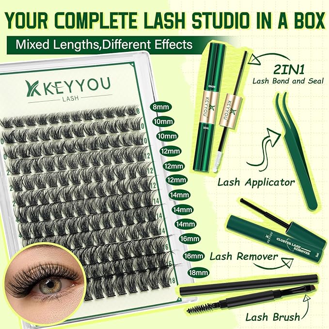 DIY Lash Extension Kit KEYYOU 144pcs Lash Clusters Eyelash Extension Kit with Mascara Brush Bond and Seal Lash Glue Remover Lash Applicators Lash Brush for DIY Lash Extensions (Y03 Kit)