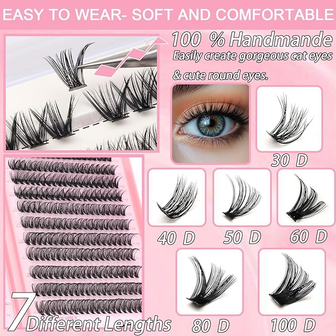 Lash Clusters Kit, Eyelash Clusters Individual Lash Extension Kit 480 Pcs D Curl Fluffy Wispy False Eyelashes Extensions Thin Band with Bond Seal Tweezers Brush Removers (50D+60D Kit 9-16mm)