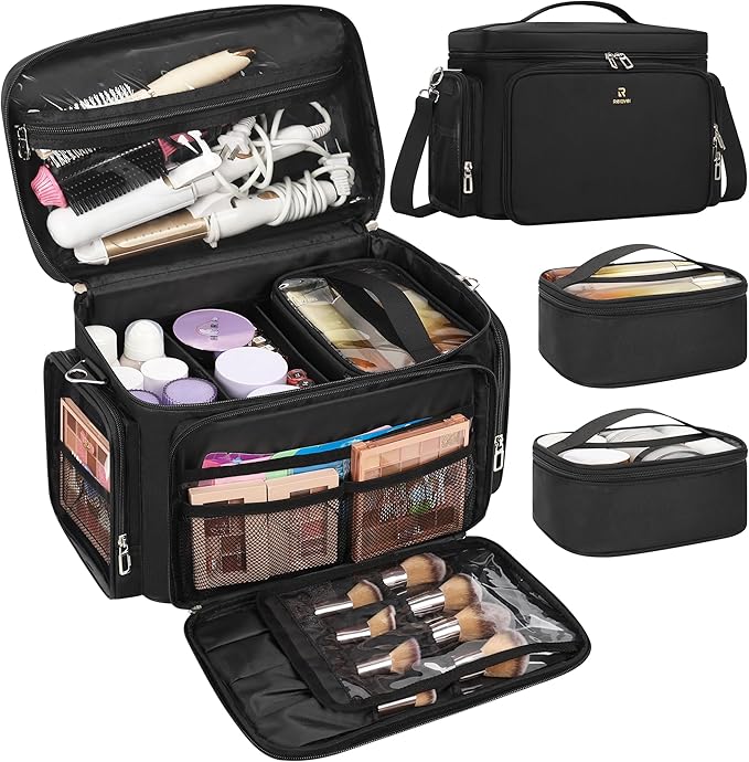 TANTO Large Makeup Bag, Makeup Artist Bag Professional Cosmetic Bags with 2 Pouches & Detachable Dividers Travel Makeup Train Case Portable Makeup Brush Bag Organizer Storage with Shoulder Strap