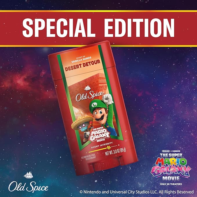 Old Spice Aluminum Free Deodorant for Men, Old Spice x The Super Mario Galaxy Movie, 24/7 Lasting Freshness, Lasting Odor Protection, Smell Super with Desert Detour, Vanilla Sands Scent, 3.0 oz