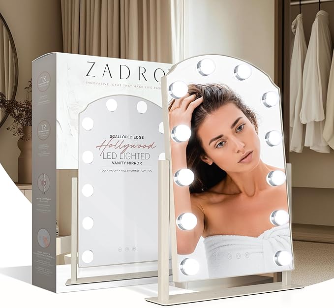 Zadro Scalloped Edge Hollywood LED Vanity Mirror, 12 Dimmable Bulbs, 3 Color Temperatures, 360° Rotation, Angle-Adjustable Tilt, USB-C Plug-in, Large 12" x 19", 1X Viewing Area (Neutral)