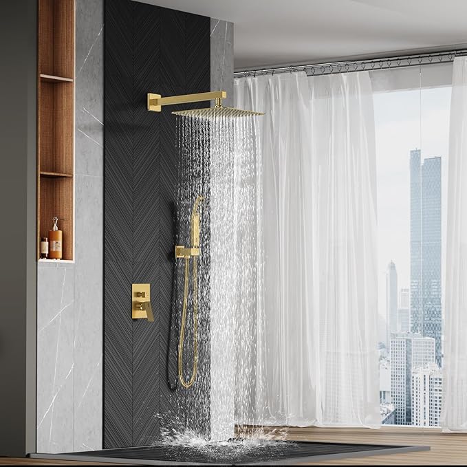 SR SUN RISE 12 Inches Bathroom Luxury Rain Mixer Shower Combo Set Wall Mounted Rainfall Shower Head System Brushed Nickel Finish Shower Faucet Rough-In (12 Inch, Brushed Gold)