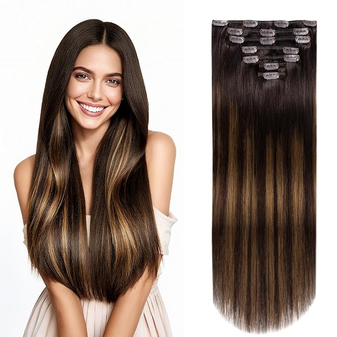 Clip in Hair Extensions Real Human Hair, Silky Remy Hair Extensions Clip Ins, Salon Quality Straight Human Hair for Women, Dark Brown to Chestnut Brown #2TP6/2 18Inch 120G 7PCS