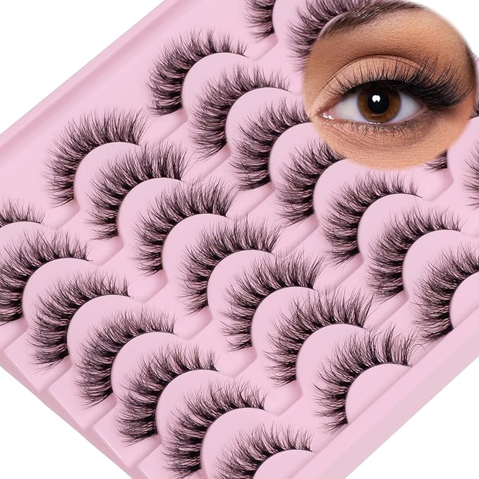 Short Wispy False Eyelashes 14 Pairs, Clear Band Natural Look Fluffy Cat Eye Lashes, Faux Mink & Easy to Apply for Beginners, Daily Makeup & Professional MUA