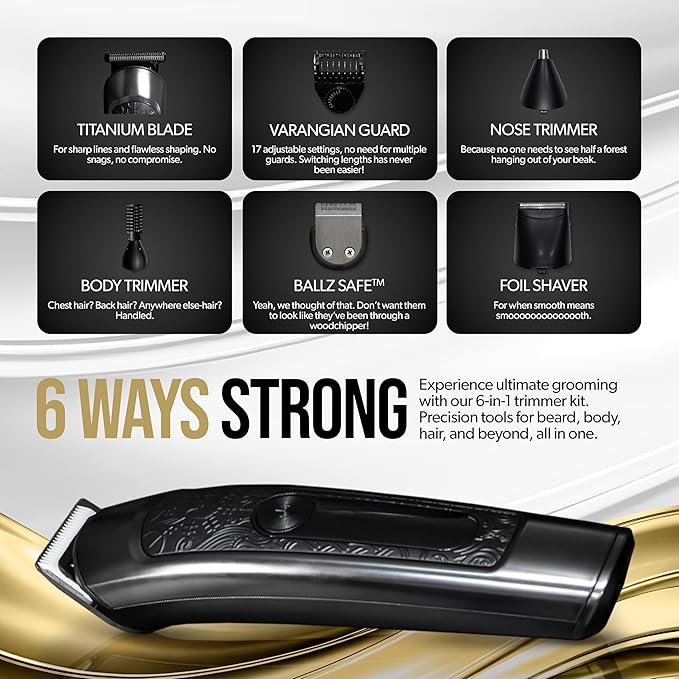 The Beard Struggle Varangian Beard Trimmer® 6-in-1 for Hair, Beard, Body & Beyond, Titanium Blade, 17 Length Adjustable Blade with Digital LED Display, Cordless Waterproof Wet/Dry Clipper