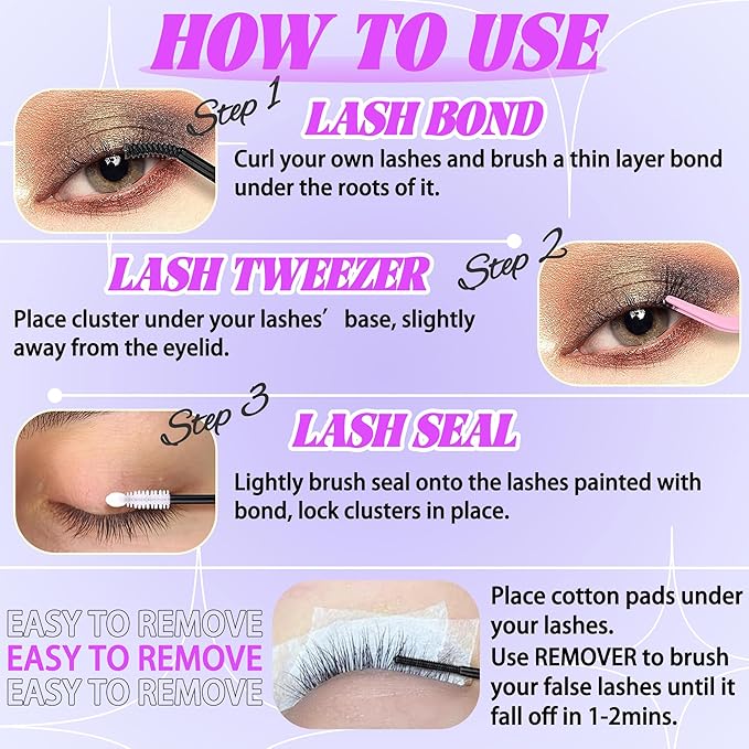 Natural Lash Clusters Kit Wispy Lash Invisible Lash Band Cluster Eyelash Extensions Kit 8-16mm Individual Lashes Extension DIY D Curl Eyelash with Waterproof Clear Lash Band Clusters