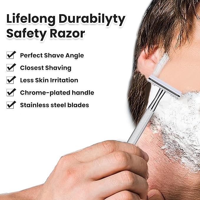 Single Blade Safety Razor With 10 Premium Stainless Steel Blades Double Edge Safety Razors For Men, Smooth Wet Shave Experience, Glossy Silver