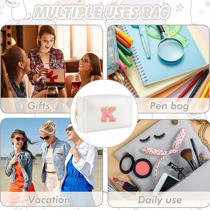 URSKYTOUS Initial Makeup Bag Personalized Preppy Travel Small Cosmetic Bag Cute PU White Chenille Letter Makeup Pouch for Purse Waterproof Zippered Toiletry Organizer for Women Girls Kids Friends (K)