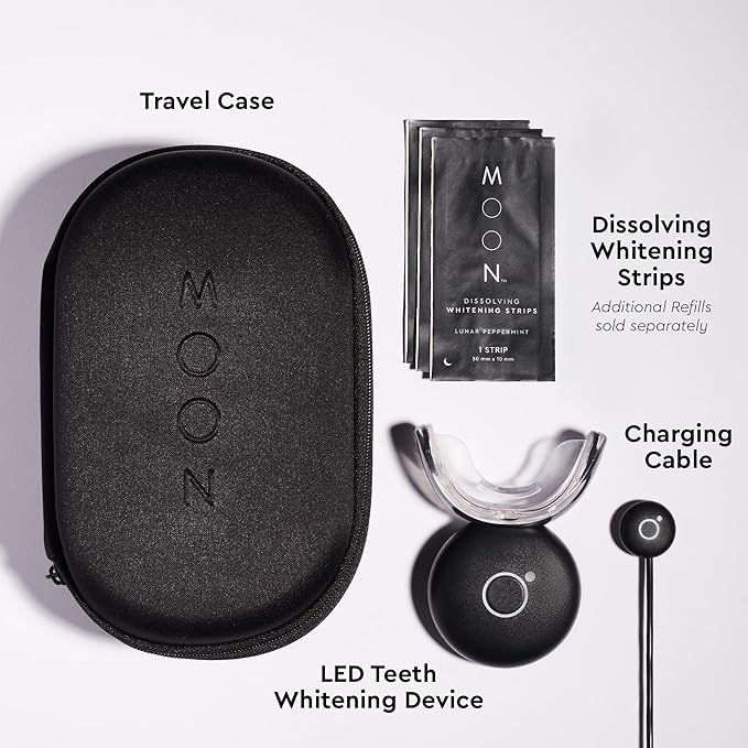 MOON Teeth Whitening Kit, LED Light Teeth Whitener Device, 56 White Strips, USB Charger & Travel Case, Blue Light Whitening Tray Removes Stains & Whitens Up to 12 Shades in 2 Weeks (4 Piece Kit)