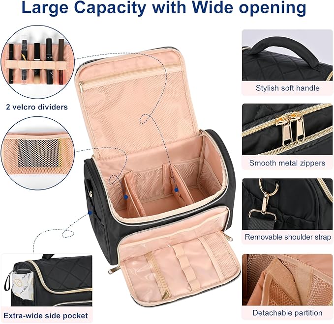 GR69N Travel Toiletry Bag Large Cosmetic Makeup Bag Organizer for Women,Wide-open Make Up Bag Waterproof Makeup Case Travel Bag with Handle and Dividers for Toiletries,Essentials,Accessories,Black
