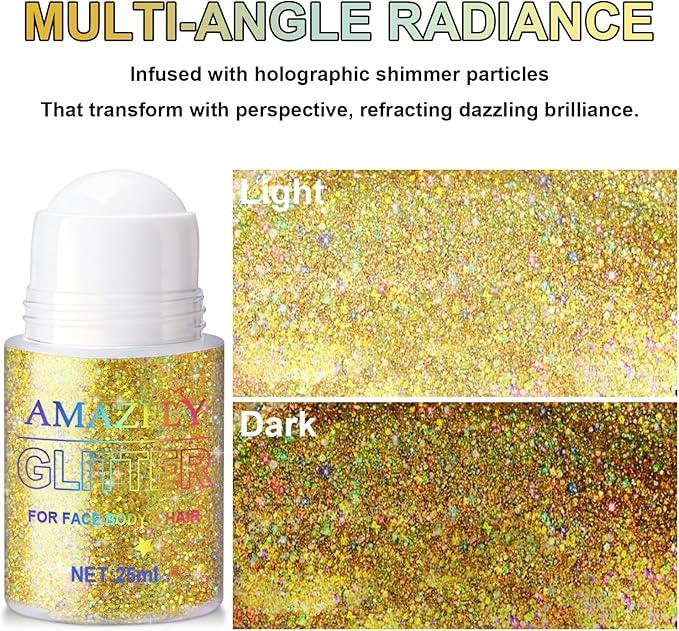 1PC Roll-on Holographic Body Glitter Gel for Body, Hair, Face, Chameleon Color Changing Glitter Gel Under Light, Chunky Mermaid Sequins Festival Party Rave Accessories Shimmer Makeup (Gold)