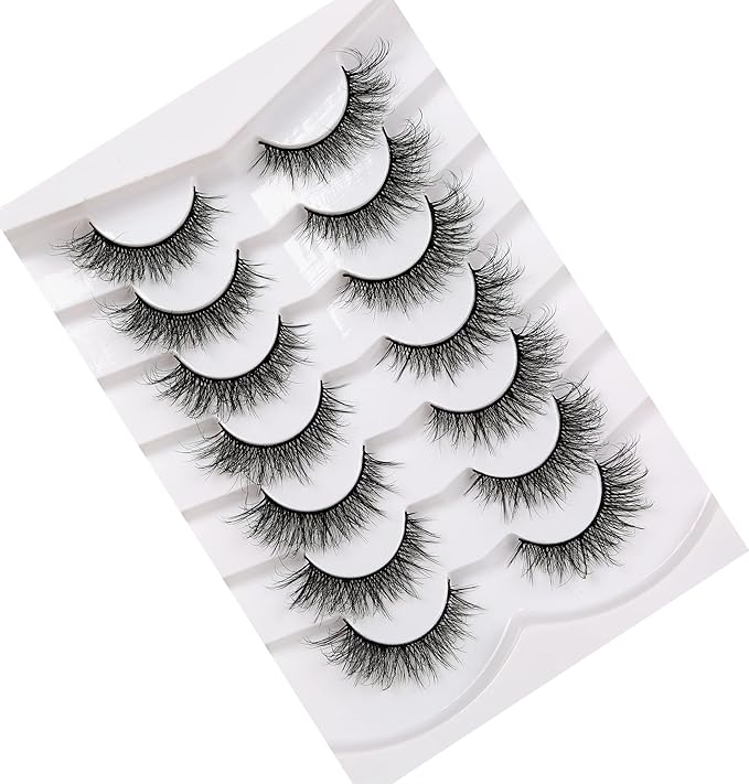 Pooplunch False Eyelashes Wispy Lashes Cat Eye Volume 8D Natural Fluttery Fake Eyelashes Faux Mink Lashes Strips 7 Pairs Pack