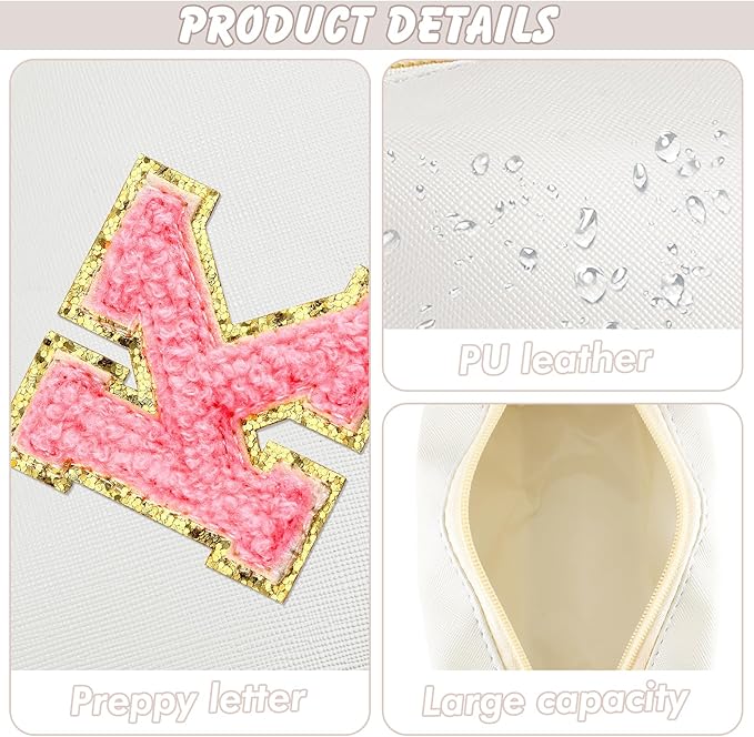 URSKYTOUS Initial Makeup Bag Personalized Preppy Travel Small Cosmetic Bag Cute PU White Chenille Letter Makeup Pouch for Purse Waterproof Zippered Toiletry Organizer for Women Girls Kids Friends (K)