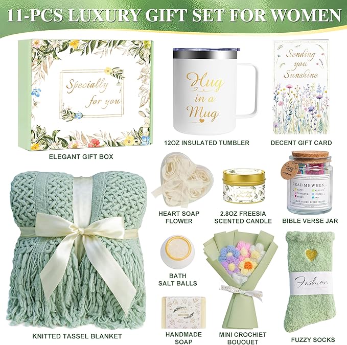 Valentines Day Gifts for Her Women Girlfriend Wife Daughter, 11 Pcs Birthday Gifts for Women Mom Her Best Friend Sister Grandma, Self Care Gift Get well Relaxing Spa Thank you Sympathy Gift Basket Set