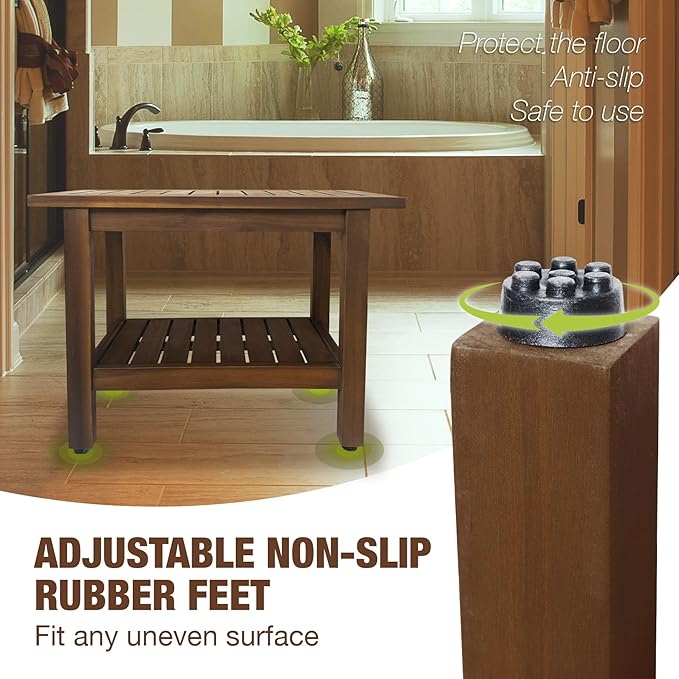 GREEN ALLUVIUM 24 inch Acacia Wood Shower Bench with Storage Shelf - Waterproof Sturdy Shower Stool - Shower Seats for Adults and Elderly - Bathroom Bench 350 lb Capacity