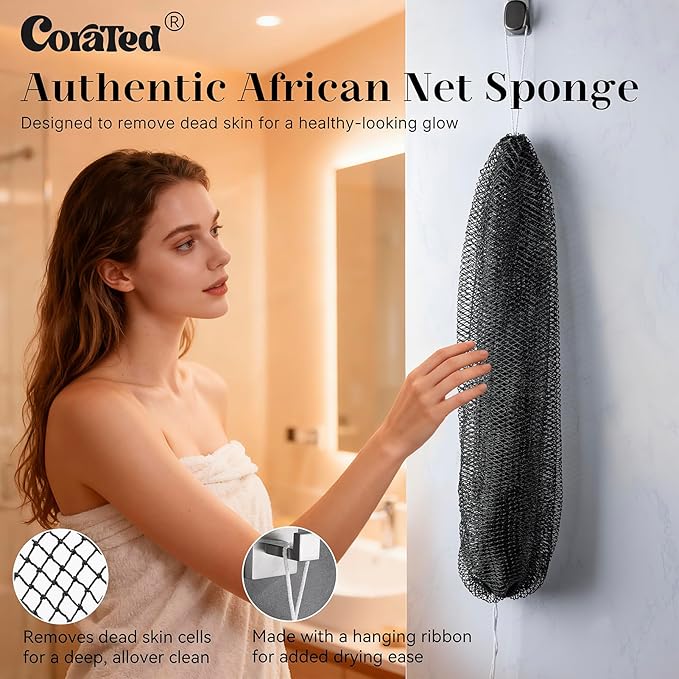 CORATED Authentic African Net Sponge with Knots, Shower Loofah Exfoliating Bath Sponge, Body Scrubber for Women and Men Daily Use Body Care, Travel Portable, Durable Bath Accessories for Bathroom