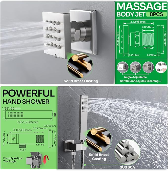 HOMEDEC Couples Luxury Shower System, 15x28" Rain 4-Function and 6" Side Shower Heads, 5-Way Diverter Valves Shower Faucet Set, Brushed Nickel