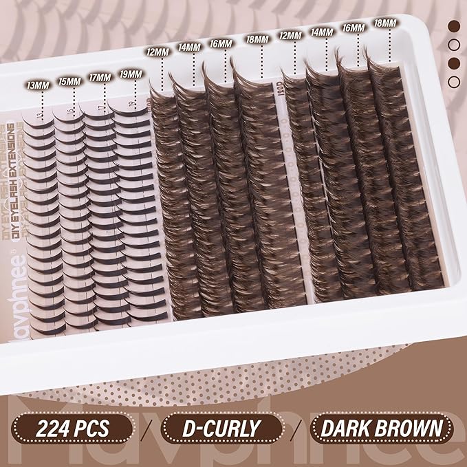 Brown Lash Spikes Eyelash Extensions Russian Lash Clusters D-Curly Lash Extensions Spiky 100D 120D Individual Lashes Wispy Cluster Lashes Pack 224 Pcs (12-19MM)