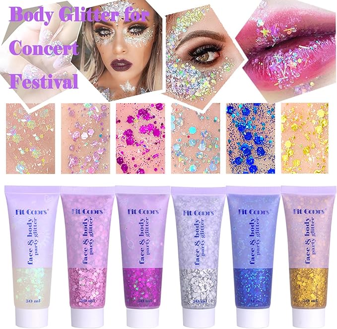 Body Glitter Face Glitter Gel: Singer Concerts Disco Festival Rave Accessories Face Glitter Makeup Chunky Sequins Mermaid Face Body Hair Glitter Gel (Green&White&Pink)