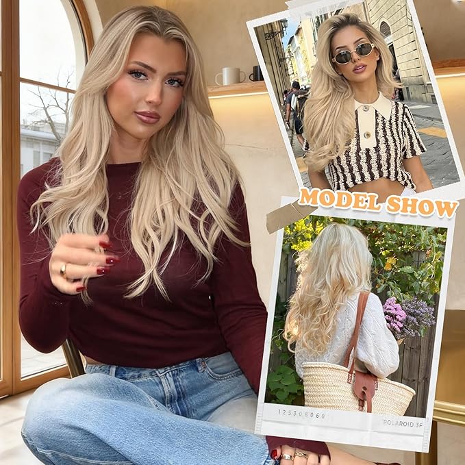 ALXNAN Long Wavy Layered Hair Extensions for Women, Clip in Hair Extensions Clip Ins Soft Full Head Synthetic Hairpieces 20 Inch Vanilla Blonde