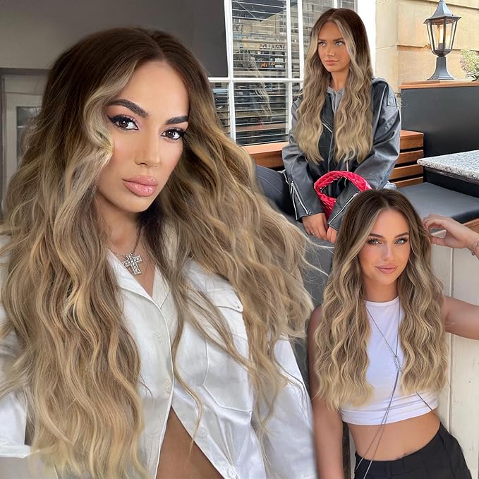 AISI HAIR Ombre Dirty Blonde Wig for Women, Long Wavy Lace Hairline Middle Part Synthetic Wig for Daily Party-26 Inch