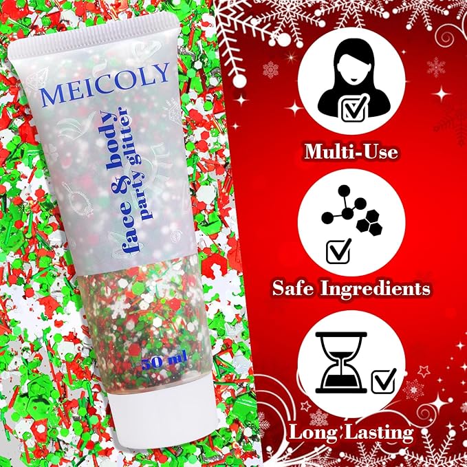 MEICOLY Christmas Face Body Glitter Gel,Holographic Hair Glitter,Christmas Accessories Stocking Stuffers Gift,Festival Face Glitter Makeup for Women Kids Girls,Self-Adhesive Chunky Glitter