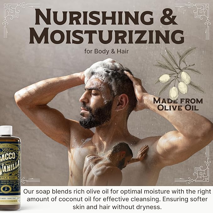 Castile Liquid Body Wash for Sensitive Skin – Natural Shampoo for Men with Olive Oil, Cocoa Butter & Coconut Oil – Tobacco Vanilla by Carolina Castile (Tobacco Vanilla, 1 Gallon)