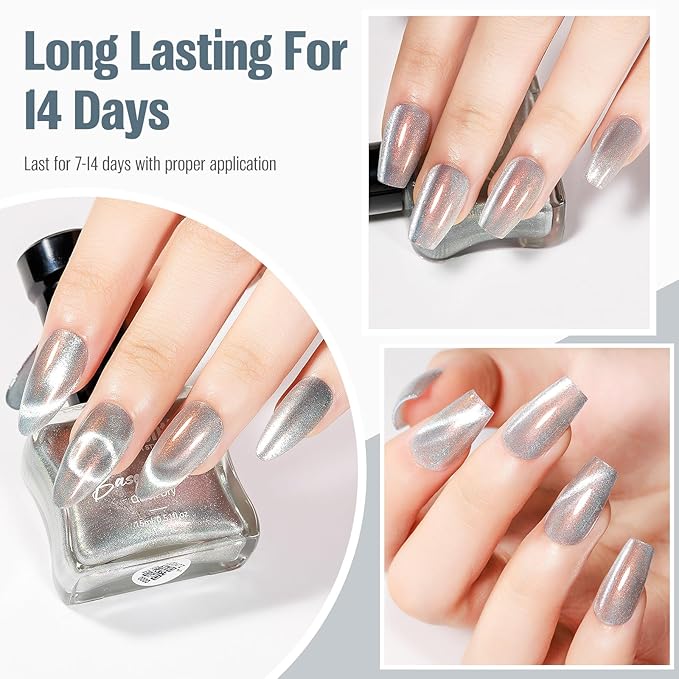 Cat Eye Nail Polish 15ml Holography Silver, Fast Dry Nail Polish with Magnet Regular Cateye Air Dry Oil-Base Glossy Magnetic Nails Polish Non Gel for Home Salon