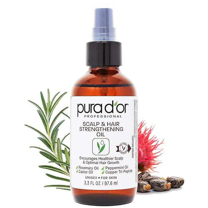 PURA D'OR 3.3 Oz Scalp & Hair Strengthening Oil - Supports Optimal Growth, Reduce Breakage, Nourish Roots for Healthier, Fuller, Thicker Hair - Rosemary, Castor & Peppermint Oil for Stronger Strands | Reduce Breakage, Nourish Roots, Healthier, Fuller, ...